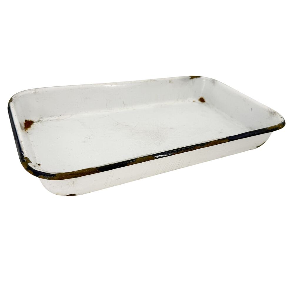 vintage white enamelware Baking Pan large rectangular tray navy blue trim